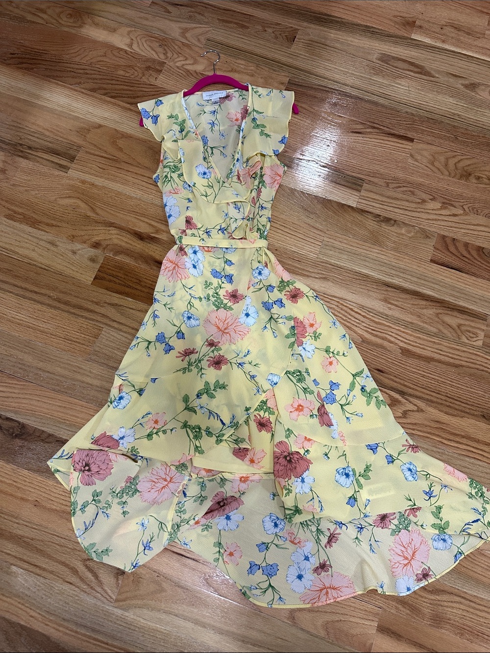 Donna Morgan Yellow Floral High-Low Wrap Dress